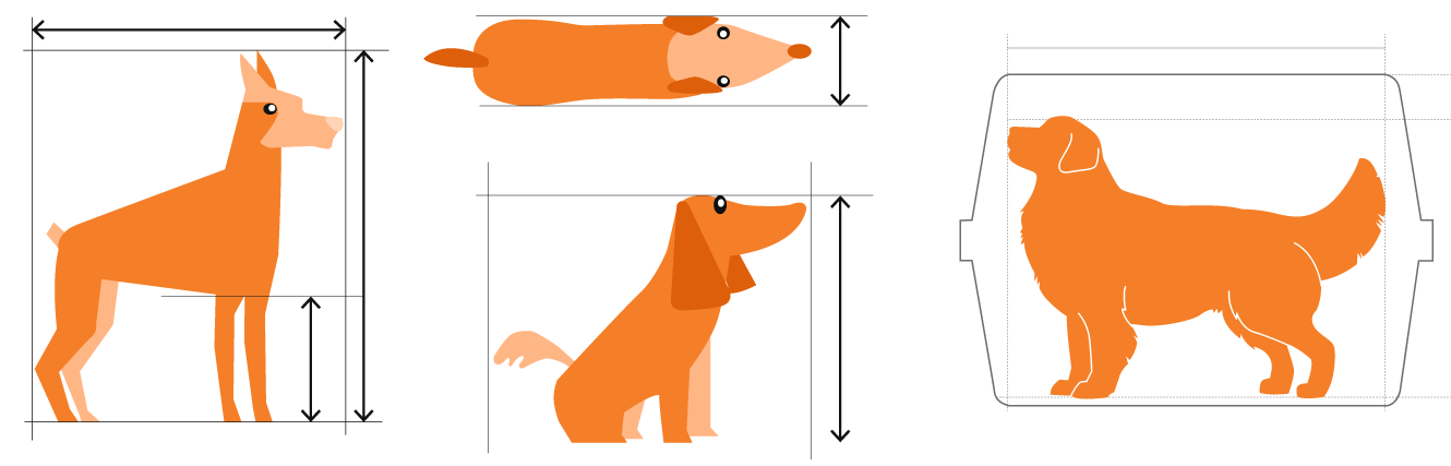 Ilustraciones de perros mostrando posiciones cómodas dentro del kennel